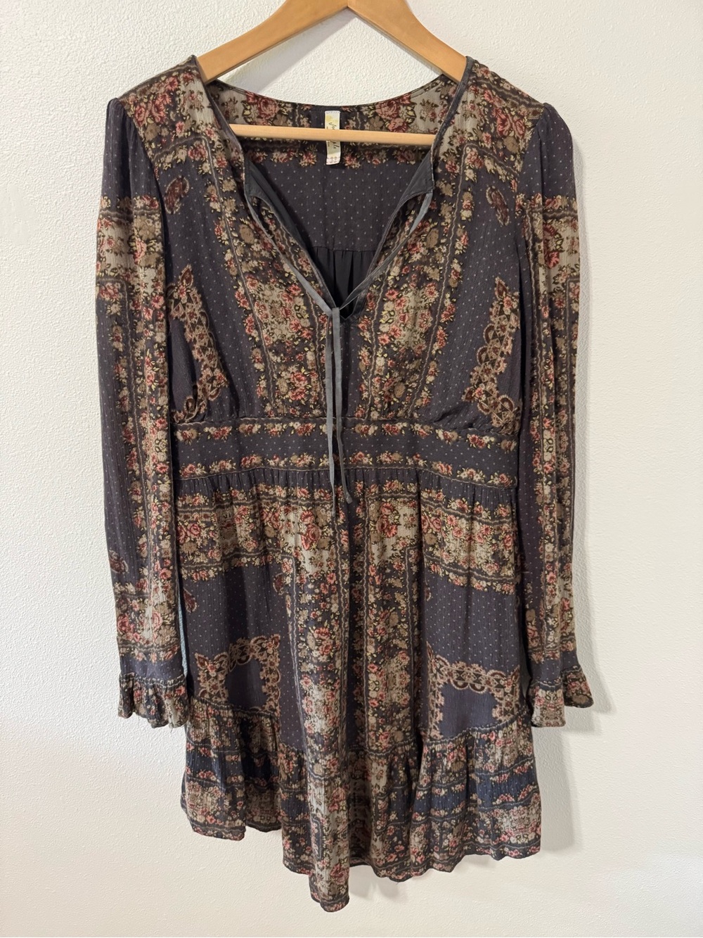 Free People Bridgette Mini Dress Brown Floral V Neck Tie Long Sleeve Peasant-S - Picture 2 of 11